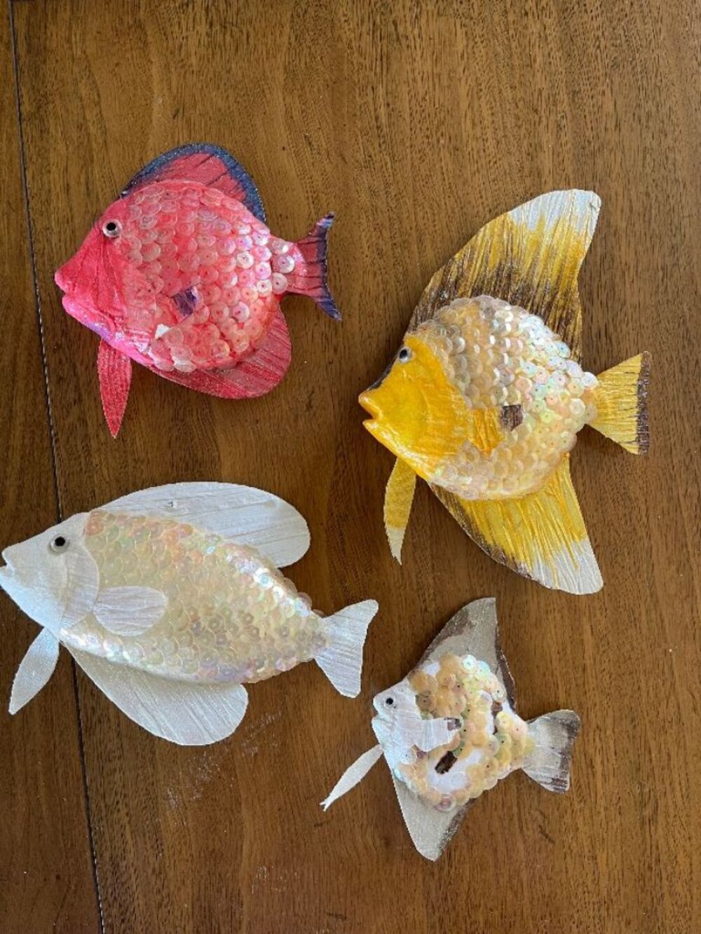 Set of 4 Vintage Paper Mache Fish with Sequins for Ornaments or Wall Art